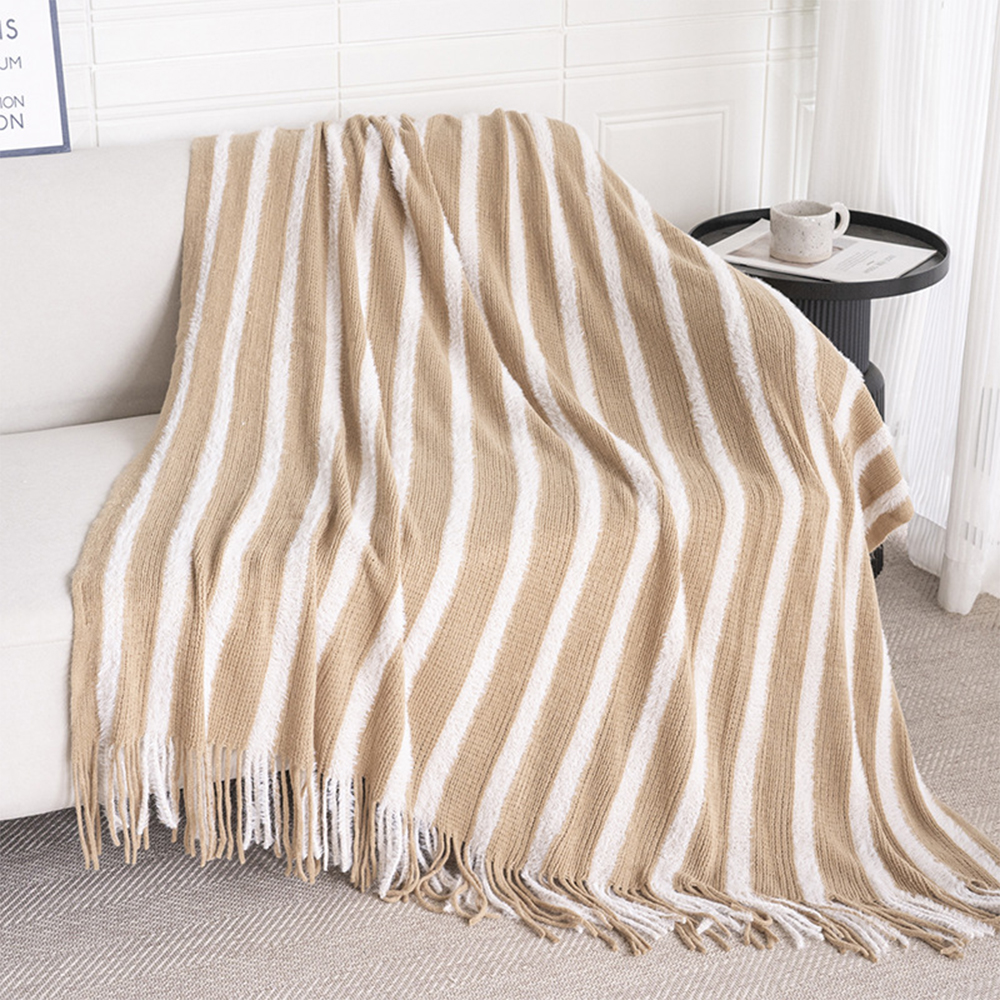 Neutral Stripe Acrylic Knit Throw with Tassels
