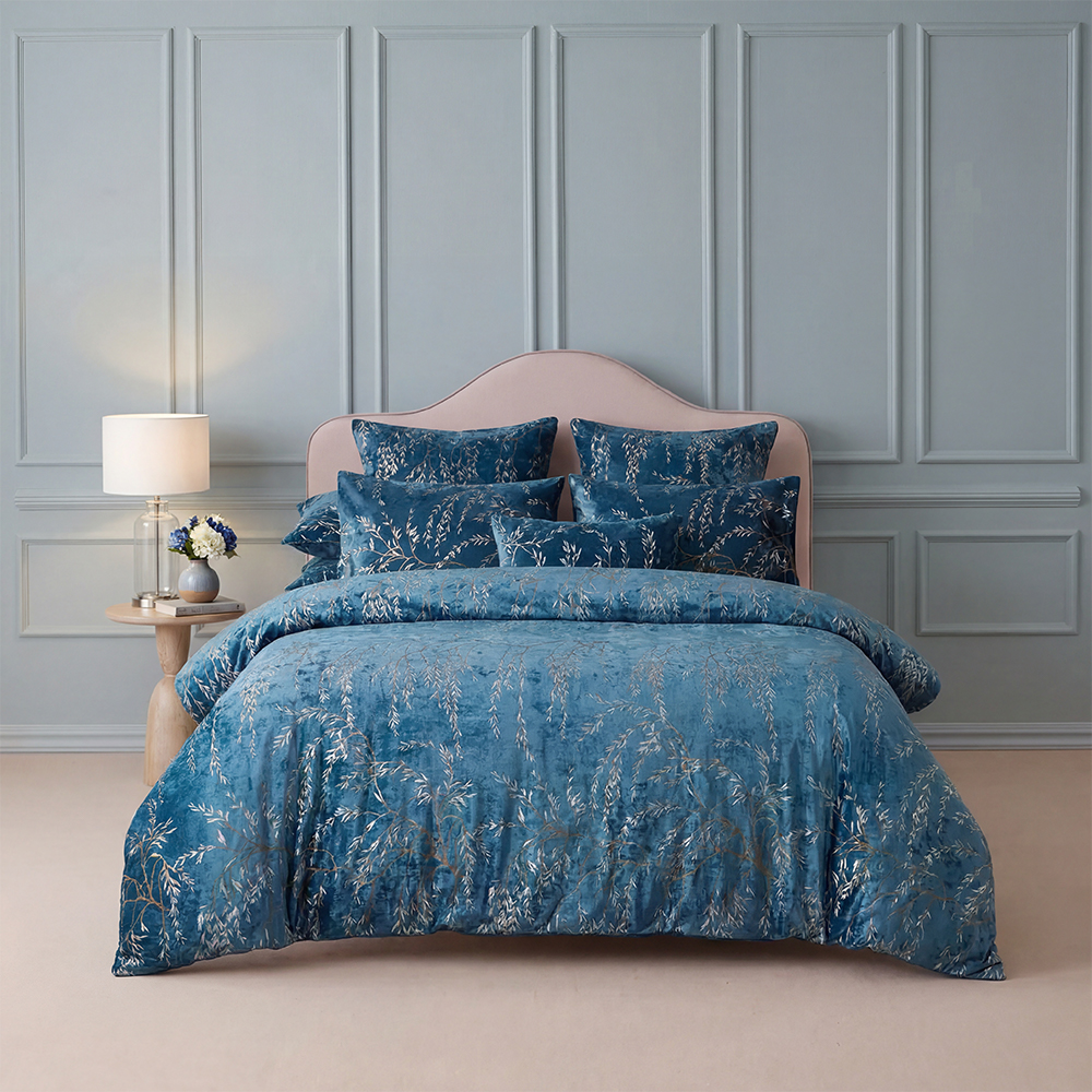 Blue Velvet Floral Foil Print Comforter Set